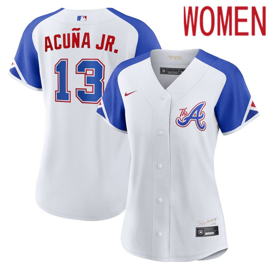 Women Atlanta Braves #13 Ronald Acuna Jr Nike White 2023 City Connect Replica Player MLB Jersey